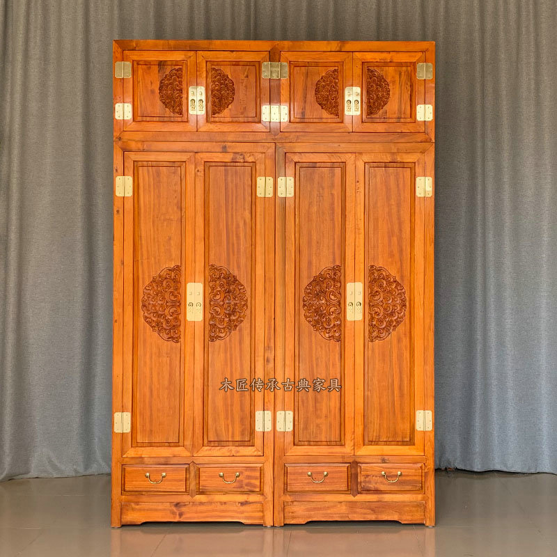 New Chinese style all-solid wood wardrobe camphor wood top box cabinet four-door storage cabinet carved bedroom furniture large-capacity standing cabinet
