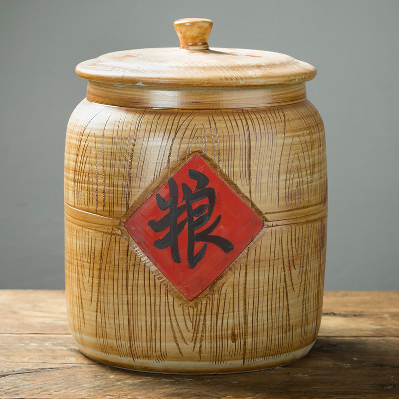 Jingdezhen engraving wood grain winter melon ceramic rice cylinder with cover domestic rice barrel sealing tank flour barrel anti-insect storage rice pot-Taobao
