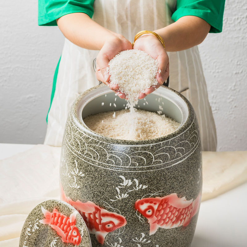 Jingdezhen ceramic rice cylinder with lid household rice storage box flour storage box 20 catties insect-proof moisture-proof sealed rice barrel