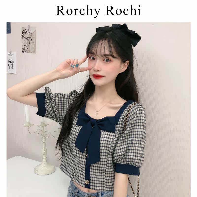 Japanese short-sleeved shirt women's summer 2022 new French square-neck bow tie shows thin exposed collarbone plaid top