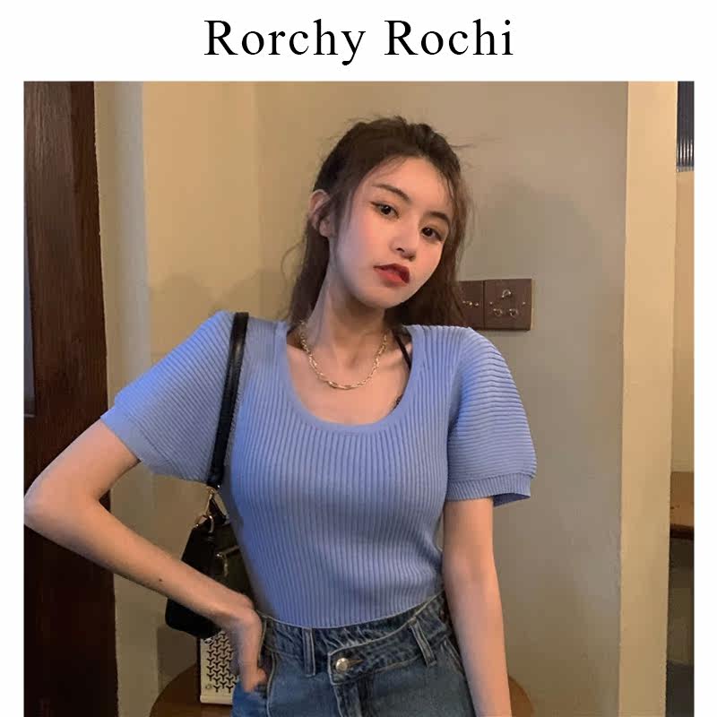 Japanese blue short-sleeved T-shirt women's summer 2022 new design sense square collar puff sleeve knitted short top