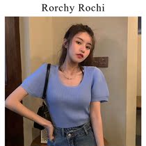Day Ensemble Blue Short Sleeve T-shirt Woman Summer 2022 New Design Sensation Square Collar Bubble Cuff Knit Short