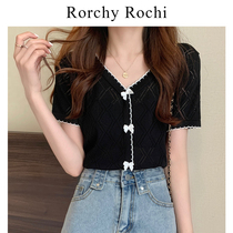 Day Ensemble Black White Ice Silk Knit Sweatshirt Woman 2022 Summer new short sleeve T-shirt High waist V Collar Thin blouses