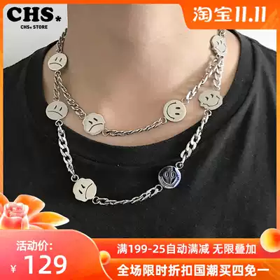 LURS original designer Guochao smiling face crying face necklace for men and women with hip hop couple titanium steel Joker necklace