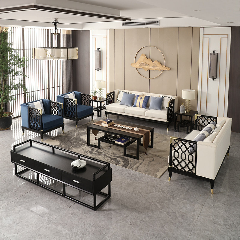 New Chinese solid wood sofa combination Zen modern minimalist model room living room fabric sofa hotel light luxury furniture