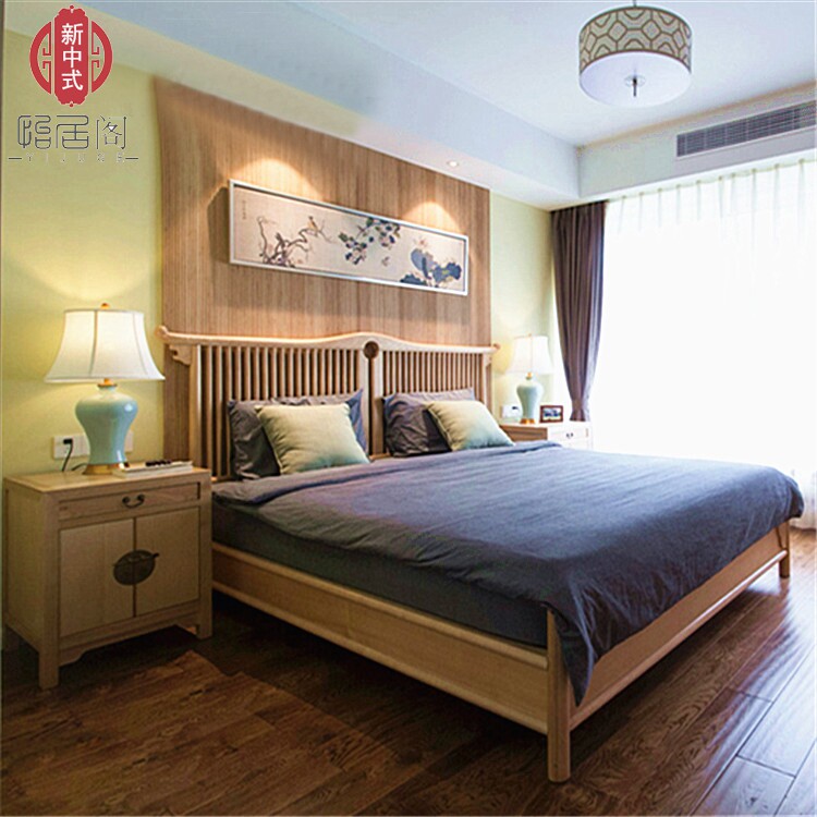 New Chinese-style bed solid wood fabric double wedding bed hotel 1 8 m 2 m modern minimalist bed model room bedroom furniture