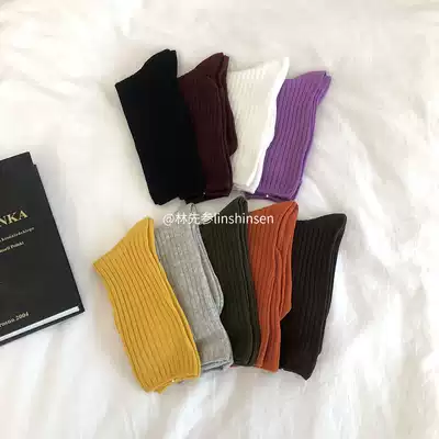 Lin Xianchan spring and autumn new Japanese bubble socks retro mid-tube women's socks solid color vertical striped socks women