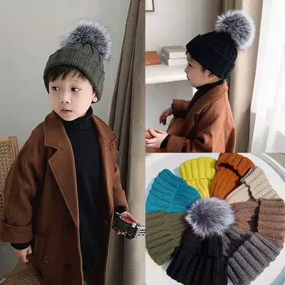 Children's hat tide autumn and winter boys and girls real hair ball wool hat baby ear protection warm Korean cool knitted hat