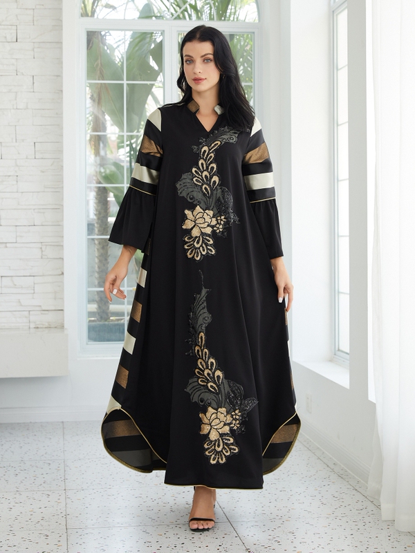 European and American New Plus-Size Dresses, Fashionable Black Sequin Splicing African Print Travel Dresses Dresses