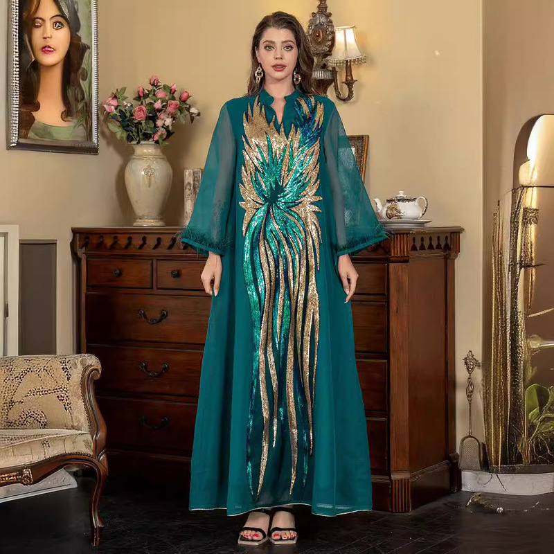 2026 European and American Home Wear V-Neck Long-Sleeved Long Dress Fashionable Ostrich Feather Sequin Dress Dress Woman