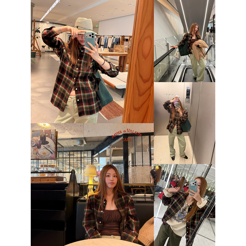Minismall Orlando Retro Checkerboard All-Cotton Brushed Plaid Shirt for Women, Versatile Shirt for Autumn and Winter
