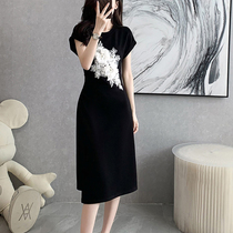 Face-style Korean version Temperament Opening Fork Dress Sashimi Summer Expats Slim Fit Leisure Black Senior T-Shirt Dresses Long