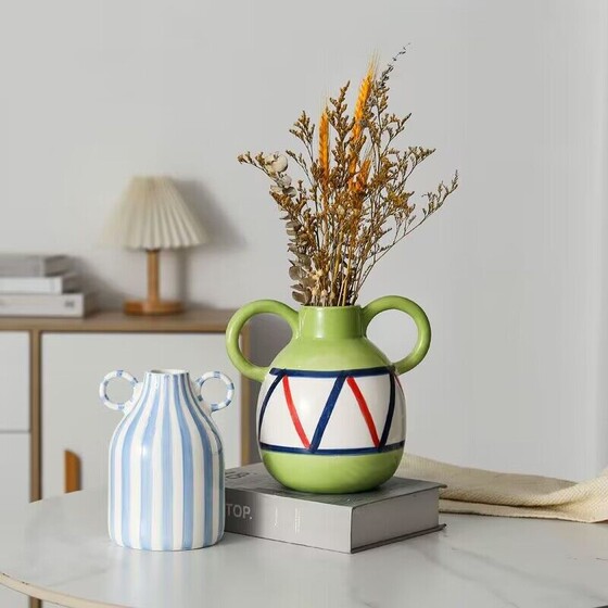Double-Ear Striped Vase Ceramic Ornament Hydroponic Flower Arrangement Ceramic Jar Nordic ins Desktop Homestay Decoration