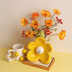 Cute Smiling Face Vase, Niche Living Room Desktop Creative Decoration, Mood-Stabilizing Ornament, Hydroponic Fresh Flowers, Ceramic Flower Vessel