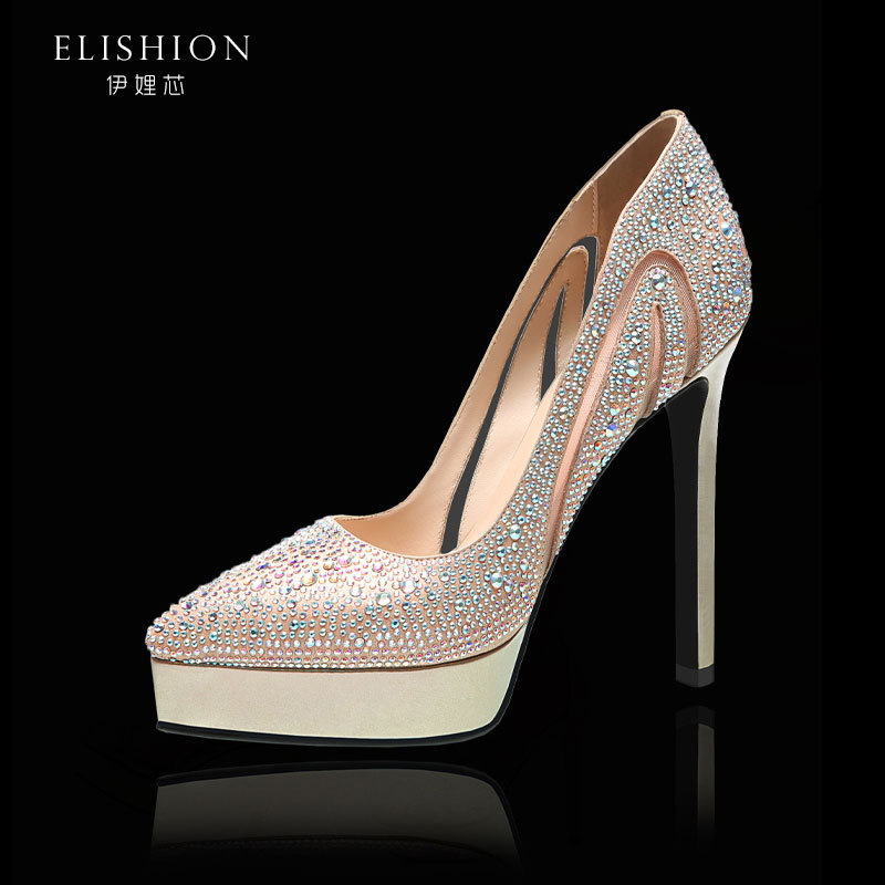 Yilixin 12cm Ultra-High Heels for Women, Banquet Evening Dress High Heels, Waterproof Platform, Thin Heel, Pointed Toe, Rhinestone Wedding Shoes