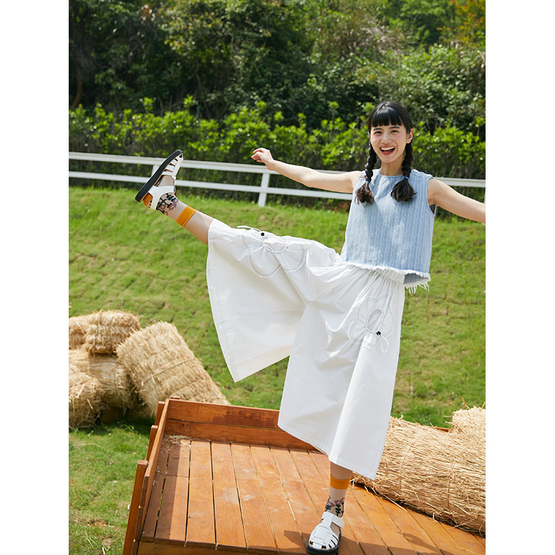 Deer and Birds Japanese style drawstring design flowers loose and thin cropped wide-leg pants white cotton skirt pants women 3608
