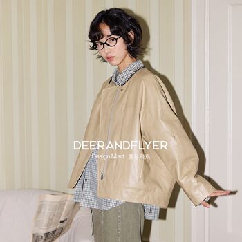 Deer and birds evaporated milk leather profile jacket placket zipper windproof custard apricot pu leather jacket 6990