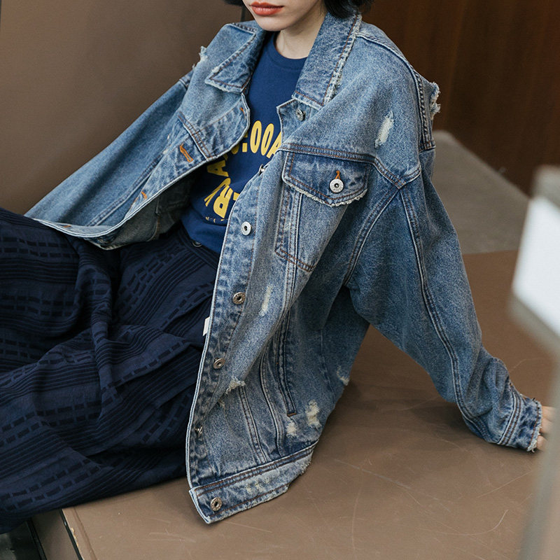 Deer and Asuka Japanese cowgirl heavy wash do old wear medium long BF wind jacket