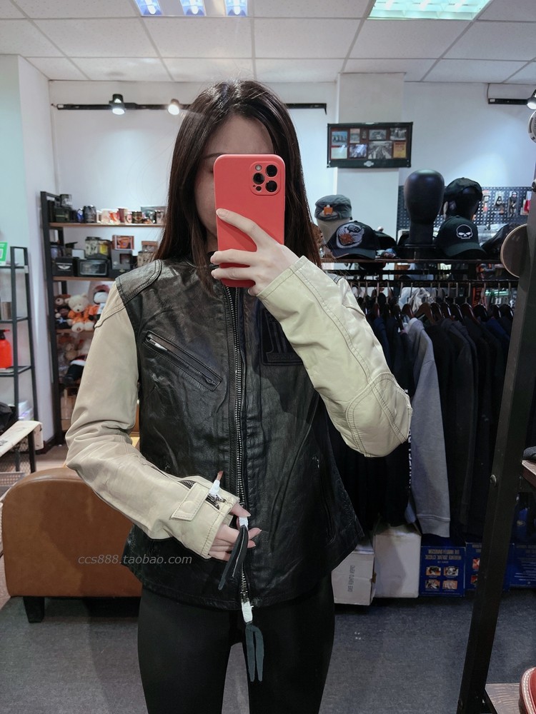 Spot 21324 Moyu locomotive Harley ladies retro color matching cowhide leather jacket
