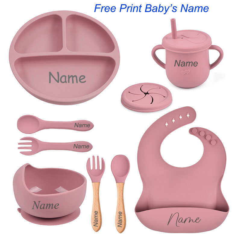 Round Silicone 3-Compartment Dinner Plate Baby Bib Infant Bowl Tableware Spoon Fork Snack Cup Straw Cup in Stock Customizable