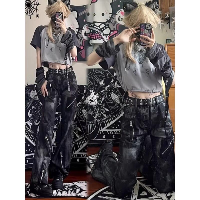 Distressed Washed Y2K Wide-Leg Flared Jeans with Holes, Unisex High Street Visual Style Pants
