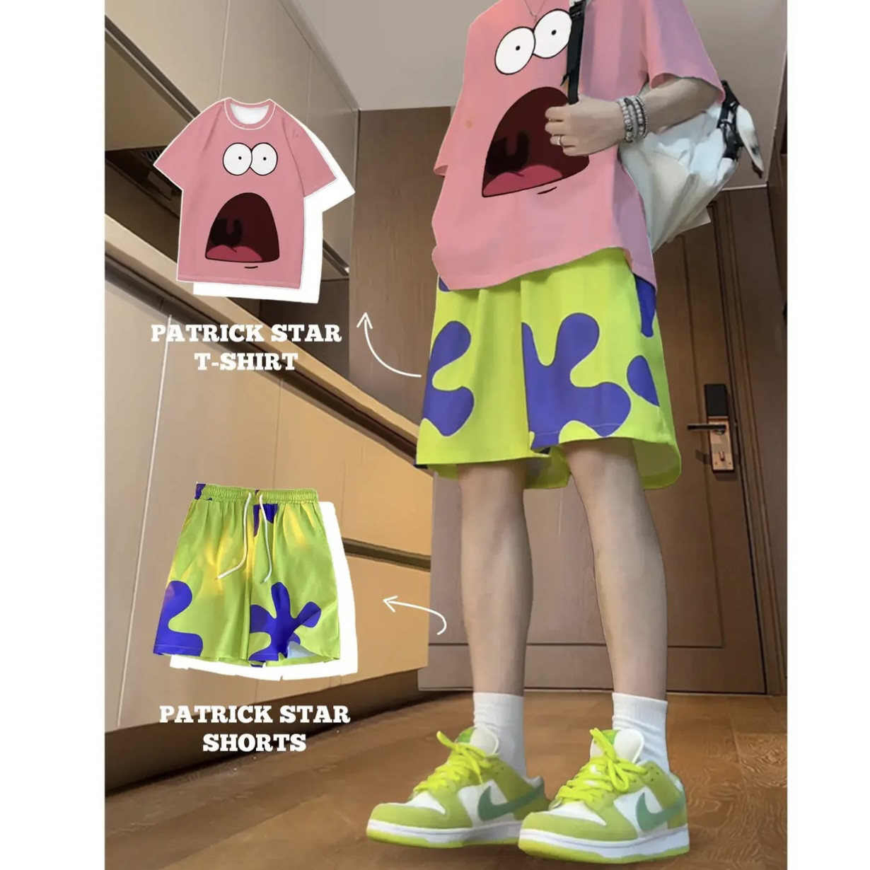 Patrick Star Suit for Men, Summer American High Street Short-Sleeve Sports Casual Suit, Quick-Drying Five-Point Ice Silk Beach Pants