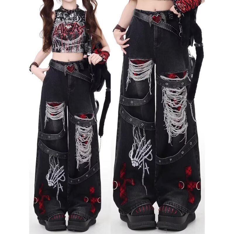 American Retro Washed Distressed Ripped Jeans for Men and Women, Subculture Punk Style, Wide-Leg Casual Long Pants
