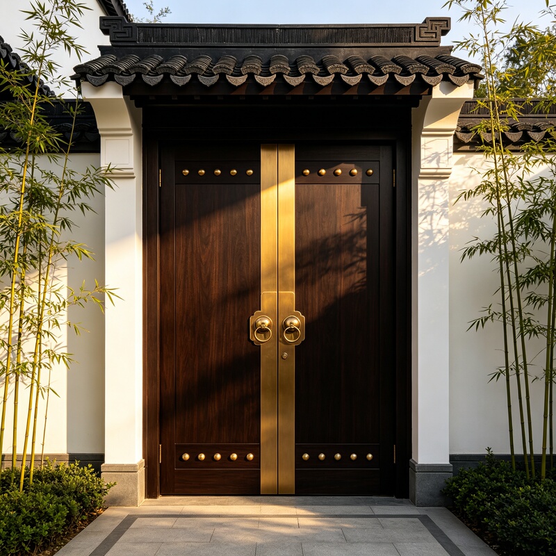 Solid Wood Chinese-Style Courtyard Gate, Antique-Style Villa Double-Door Gate, Original Wood Entrance Gate for a Four-Compartment House