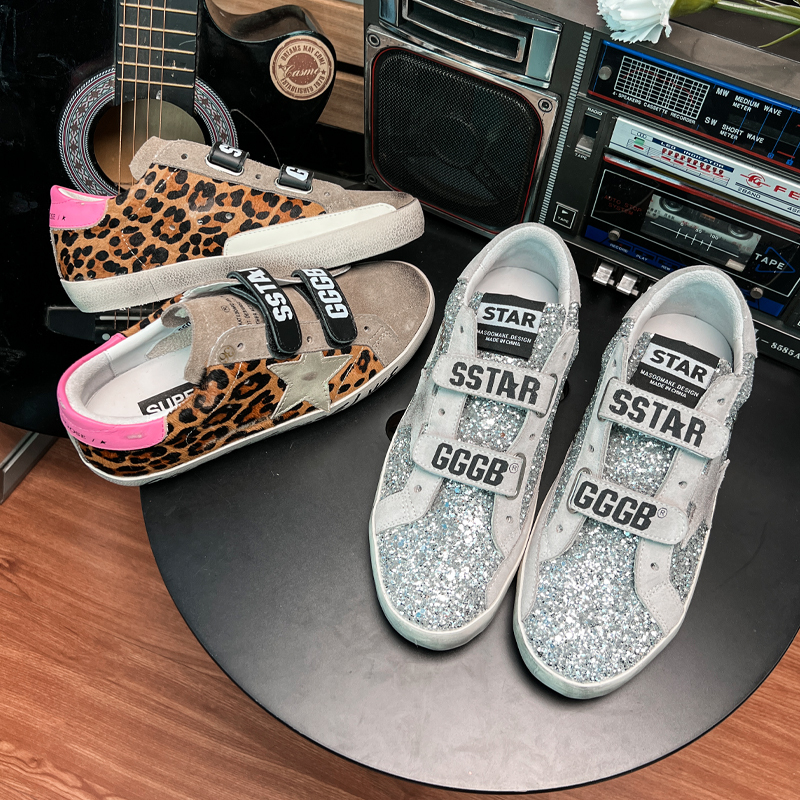 2026 New Korean Vintage-Style Star-Patterned Dirty Sneakers for Women with Leopard Print, Sequins, Velcro, Low-Top Lace-Up Dirty Sneakers