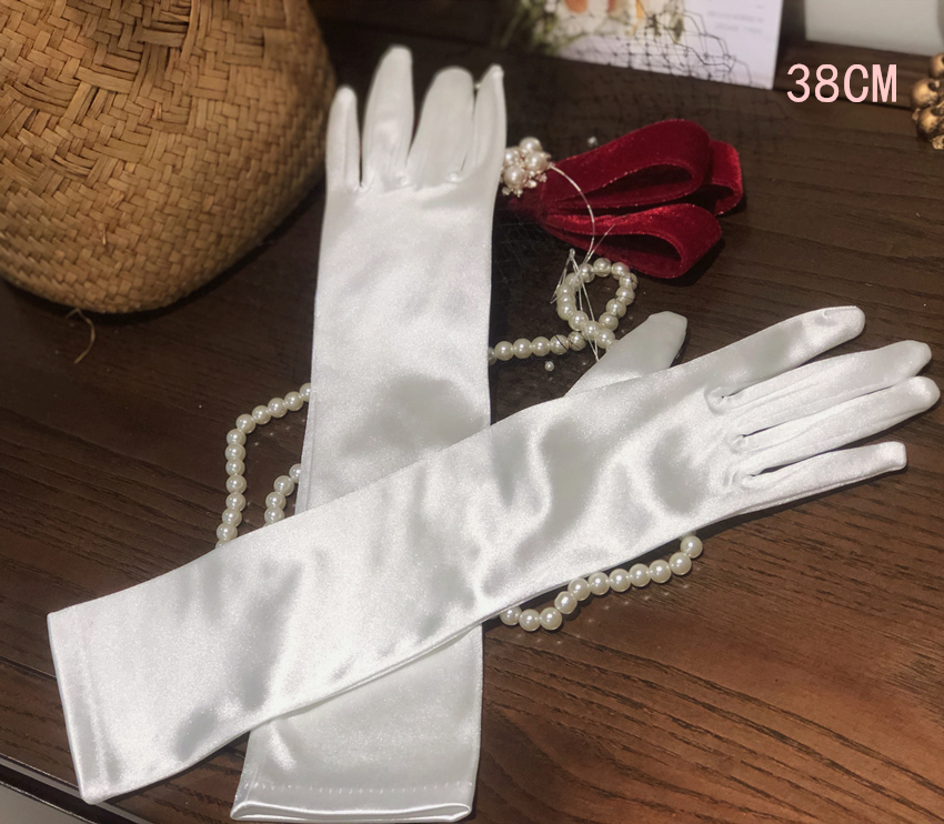 High-end export satin face long wedding wedding gloves dress dinner black white satin elastic gloves