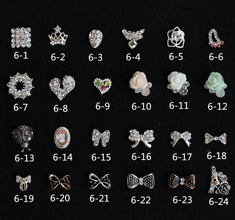 Nail metal alloy decorations 6 butterfly knot crown shape drilling drilling drilling phototherapy fingernail oil accessories
