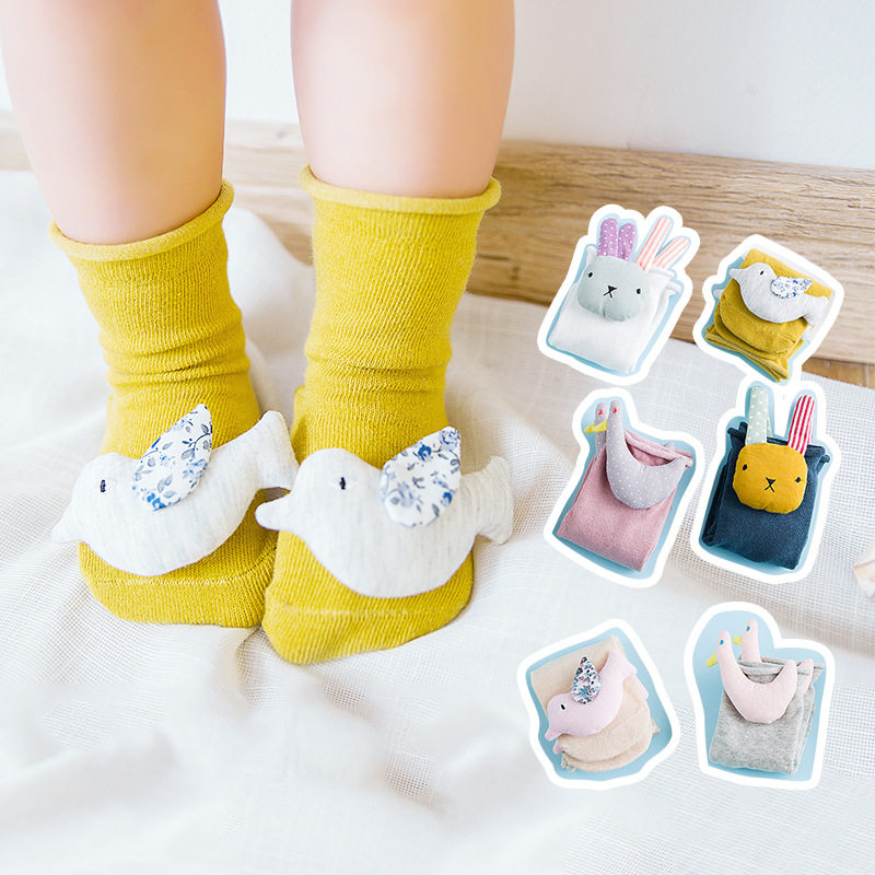 Spring Autumn Summer Cartoon Doll Baby Socks Combed Cotton Coral Velvet Dinosaur Non-slip Toddler Socks Children's Baby Socks