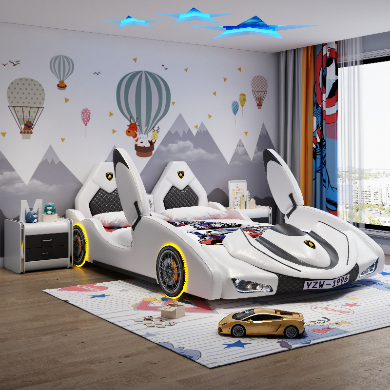 New Children's Bed for Boys, Car Bed, Creative Multifunctional Boys' Sports Car Solid Wood 1.5m with Guardrail, Cartoon Design for Boys