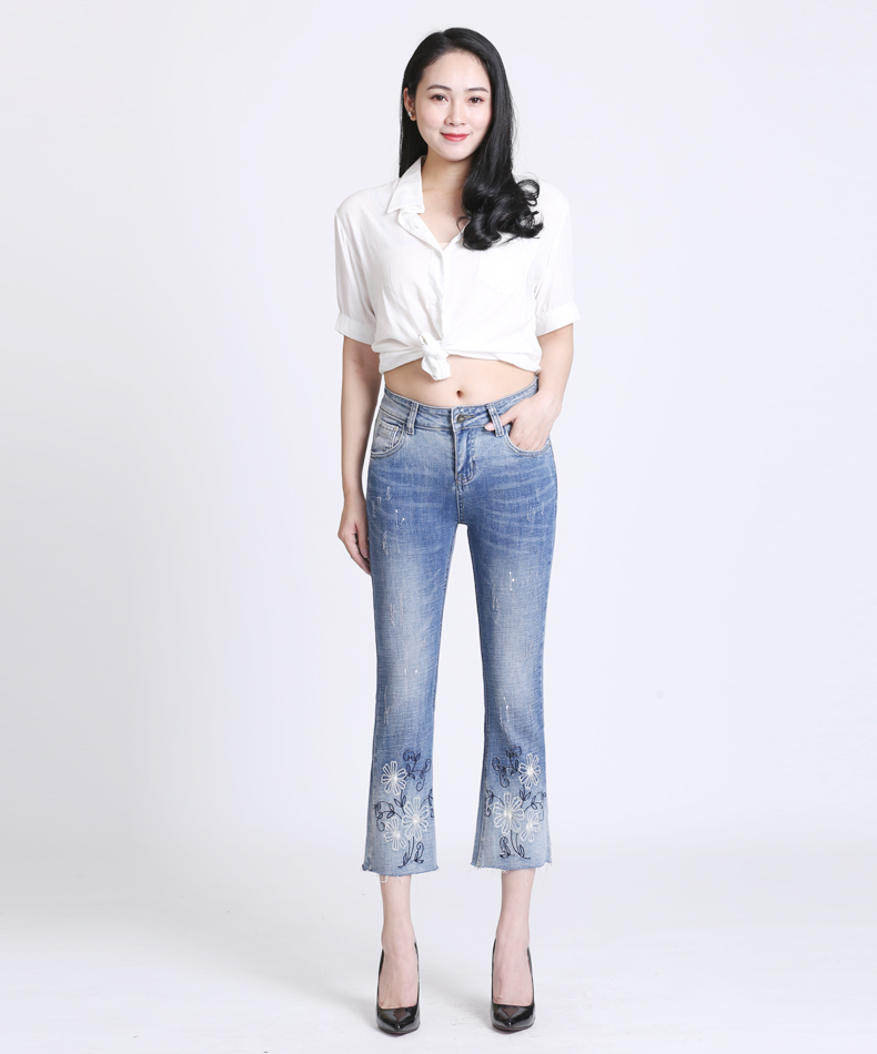 Bài hát Fengzi mùa hè 2019 co giãn Bụng thon mỏng thêu hoa chín điểm quần jeans cạp cao - Quần jean quần short bò