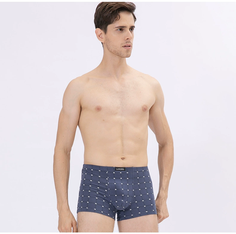 Langsha Đồ lót nam Vải Cotton Quần Boxer nam Mid-eo Mùa xuân Áo kẻ sọc thoáng khí In Quần short Boxer 衩 Đóng hộp - Nam giới