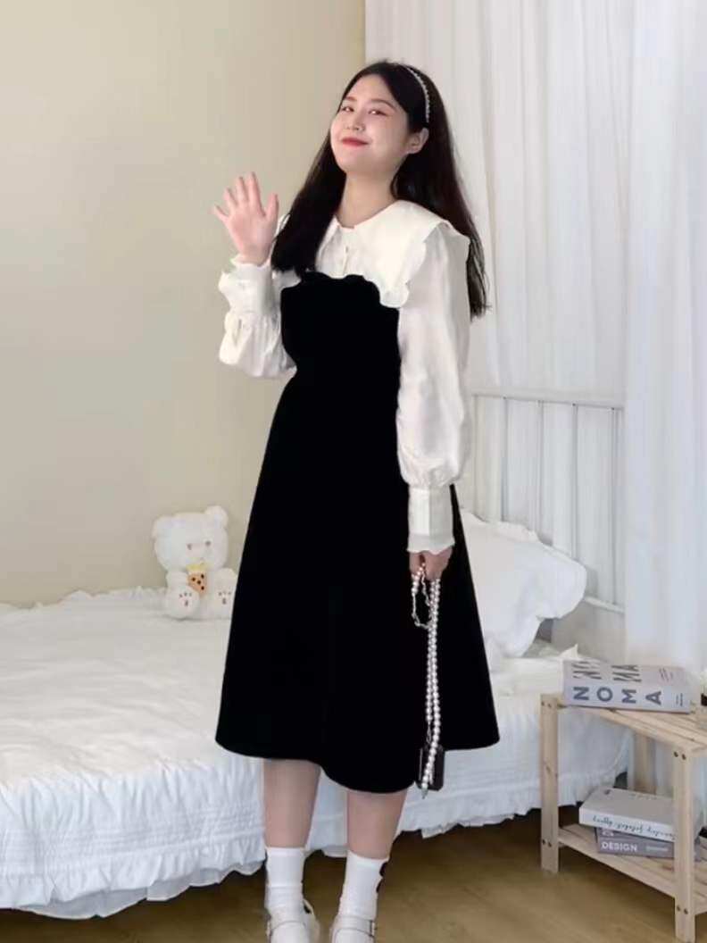 Small Sunflower Micro Fat Mm Large Size Women's Dress Herben Wind Retro Fake Two Foreign Dress Women's Spring Temperament Slim-down Long dress