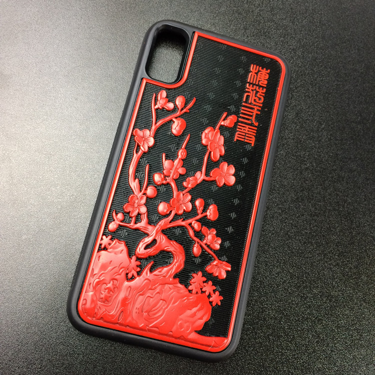 Large lacquer carved lacquer red two-color integrated red plum Aoxue mobile phone protective shell iPhone6 ​​7 8Plus 11 12MAX