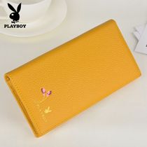Floral Playboy lady genuine leather wallet yellow long style money wallet 2024 new ultra-thin cow leather handmade womens bag