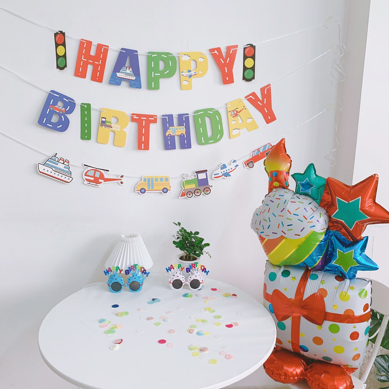 Boy's birthday Birthday Decoration Laqi Banner Engineering Car Plane Cartoon Pattern Birthday Background Wall Child Laflower-Taobao