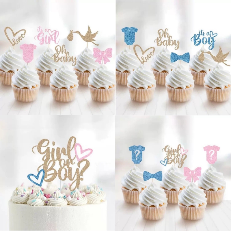 Gender Reveal Baby Shower Decoration Cupcake Dessert Toppers Boy Girl Toppers