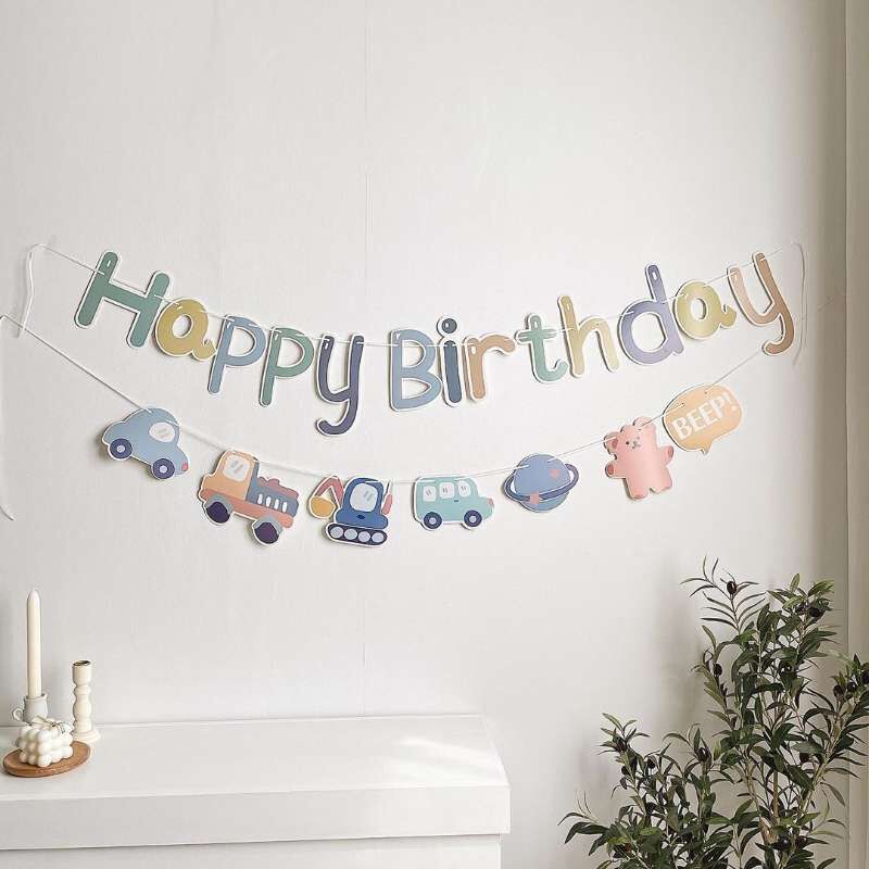 Boy's birthday flag car engineering excavator cartoon cartoon cartoon party to pull flowers to take picture props