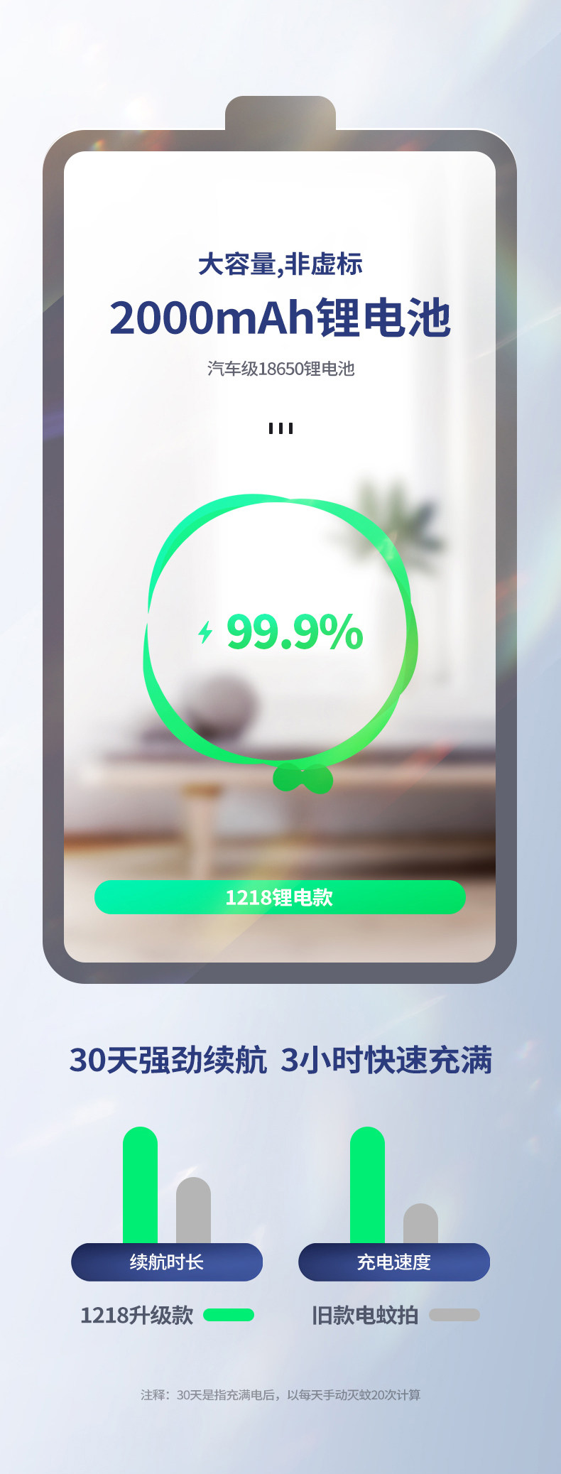 久量 充电式电蚊拍 3000V高压灭蚊 大容量锂电池 USB口充电 图4
