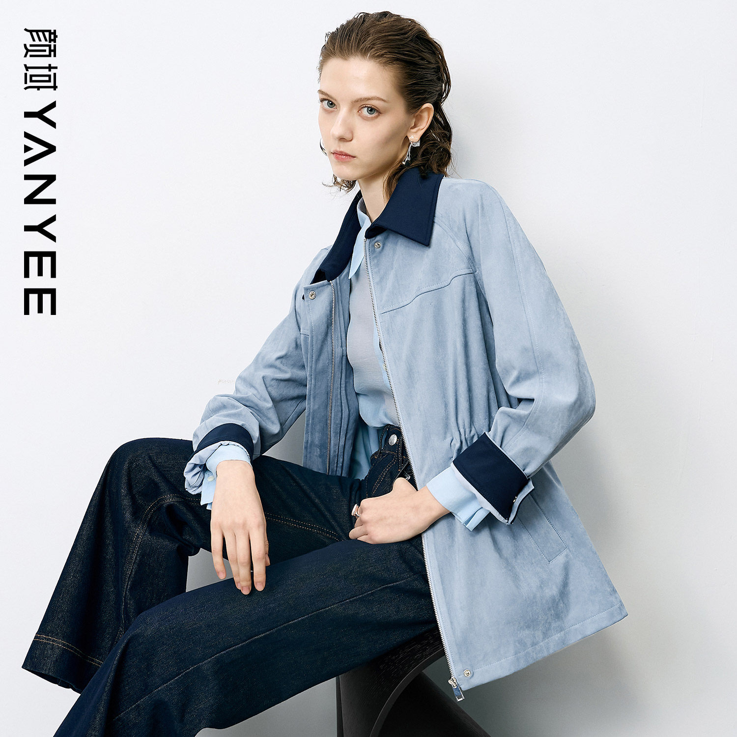 Yan Yu ブルー スリムウエスト トレンチコート レディース 2025年新作 秋 通勤スタイル ハイエンド レトロ ユニーク アウター