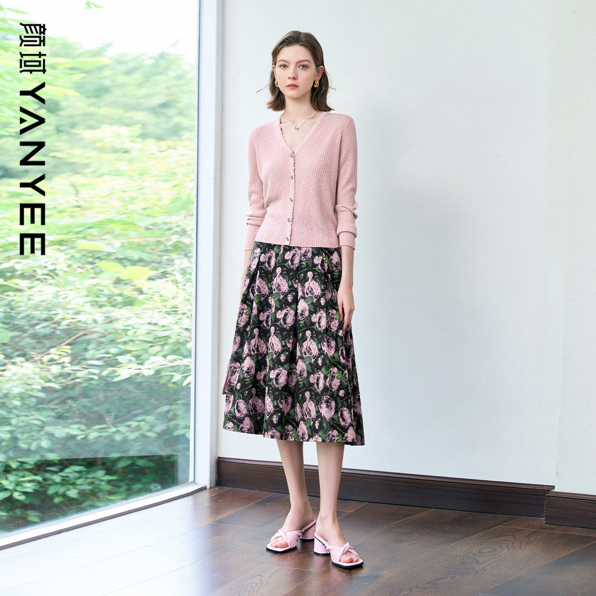 ヤン・ユー 花柄プリント ミディスカートセット（レディース）、2026年初春新作、ニットカーディガンとトップスのフルセット（ツーピースセット）