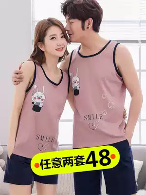 Couple pajamas summer Korean version of cute two-piece pure cotton women's summer men's vest home service suit large size shorts