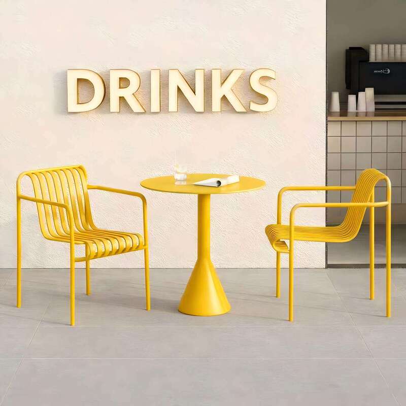 Nordic Style Yellow Outdoor Table and Chair Set, Three-Piece Patio Wrought Iron Furniture, Waterproof and Rust-Proof Outdoor Tables and Chairs for Milk Tea Shops Nordic Style Yellow Outdoor Table and Chair Set, Three-Piece Patio Wrought Iron Furniture, Waterproof and Rust-Proof Outdoor Tables and Chairs for Milk Tea Shops