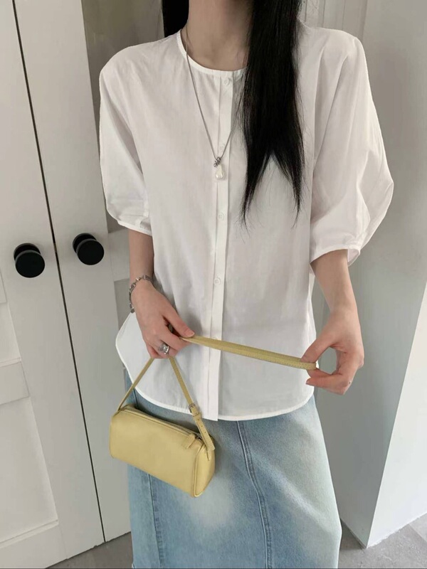 Macaron-Colored Lightweight Cotton Shirt, Round Neck, Collarless, Loose Fit, Covers the Body, Short in the Front and Long in the Back, Slimming, Air-Conditioning and Sun Protection Shirt