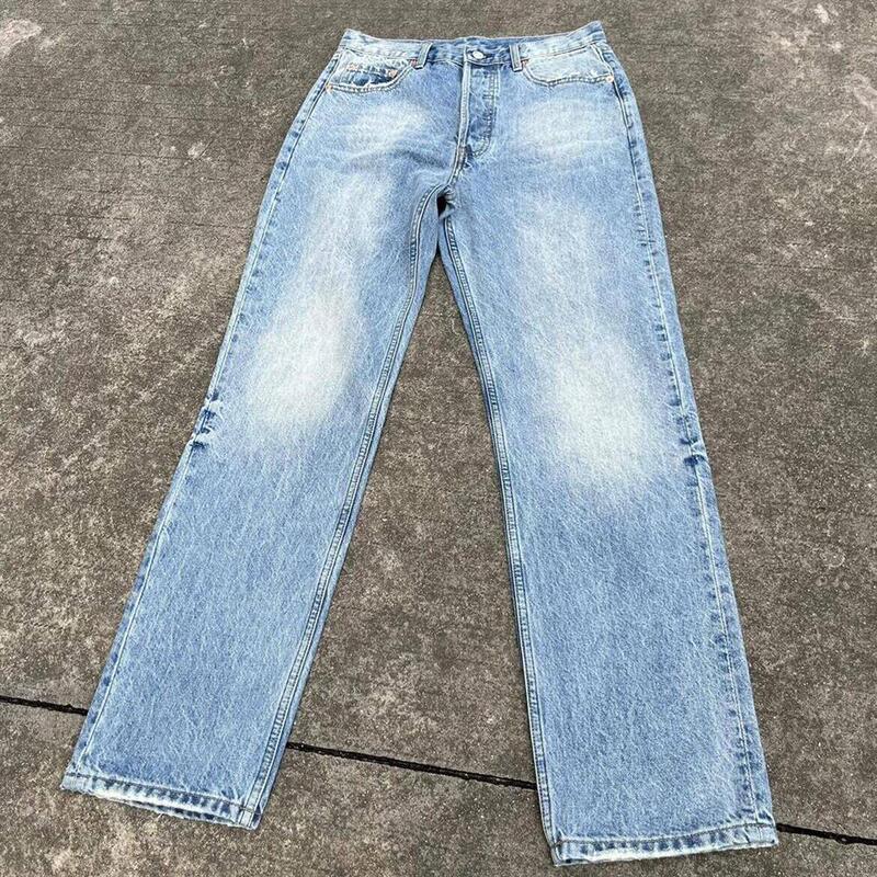 European and American Style 501 Vintage Washed Snowflake Pattern Ice Blue Straight-Leg Jeans Cleanfit Vibe Style