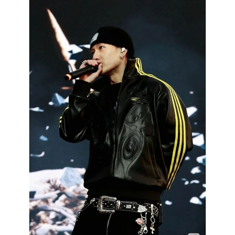 Gali Same Style Adoffgod Collaboration Embroidered Three-Stripes Embossed Pu Leather Jacket Gali Same Style Adoffgod Collaboration Embroidered Three-Stripes Embossed Pu Leather Jacket