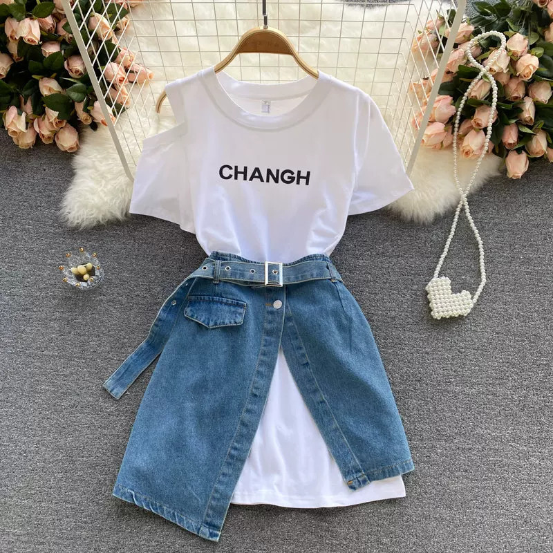Hong Kong Style Retro Suit for Women, Off-Shoulder Letter Short-Sleeved T-Shirt + Denim Asymmetrical High-Waisted Skirt, Fashionable Two-Piece Set